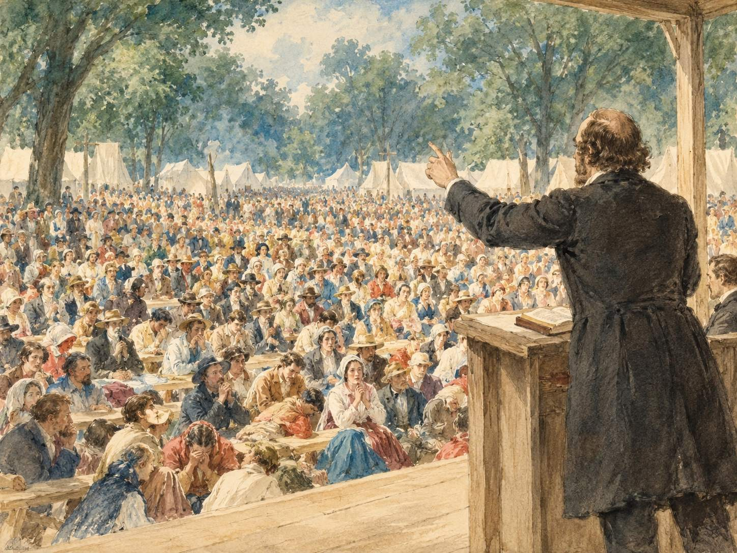 A 19th-century camp-meeting preacher addressing a crowd outdoors